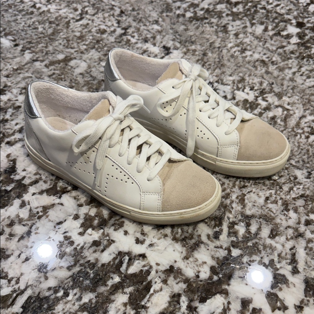 Women’s White Sneaker with Beige Suede Toe and Silver Heel Accent